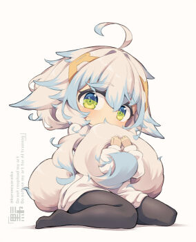 1girl animal_ears black_pantyhose blue_hair commentary_request green_eyes kuromiya looking_at_viewer multicolored_hair original pantyhose shiromiya_asuka_(kuromiya) sitting solo sweater tail two-tone_hair white_hair white_sweater