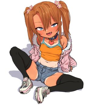 1girl bare_shoulders belt_collar black_thighhighs blue_eyes blush breasts brown_hair camisole collar denim denim_shorts ebisujima_misato fang full_body hair_between_eyes heart_collar highres jacket knee_up loli looking_at_viewer medium_hair midriff navel open_clothes open_jacket orange_camisole original pink_jacket shoes short_shorts shorts simple_background sitting small_breasts smile sneakers solo spread_legs tan tanline thighhighs tsurime twintails white_background yuma_(ebisujima_misato)