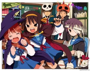 Rule 34 | 2boys, 3girls, asahina mikuru, bandages, bendedede, black cape, black cardigan, black hair, blue sailor collar, blue skirt, bookshelf, brown eyes, brown hair, calico (pattern), calico cat, candle, cape, cardigan, cat, fangs, grey hair, hairband, hat, highres, kita high school uniform, koizumi itsuki, kyon, long hair, mask, mask on head, multiple boys, multiple girls, mummy costume, nagato yuki, one eye covered, orange hairband, sailor collar, school uniform, serafuku, shamisen (suzumiya haruhi), short hair, skirt, skull, sos brigade, suzumiya haruhi, suzumiya haruhi no yuuutsu, winter uniform, witch hat