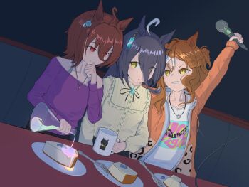 absurdres agnes_tachyon_(umamusume) animal_ears arm_up black_hair blueberry booth_seating braid brooch brown_hair cheesecake coffee coffee_mug commentary_request cup dark_room dev_grater dutch_angle ear_ornament facing_viewer flask food fork fruit grin hair_between_eyes hand_on_own_chin highres holding holding_flask holding_microphone horse_ears horse_girl indoors jacket jewelry jungle_pocket_(casual)_(umamusume) jungle_pocket_(umamusume) karaoke long_hair looking_at_another manhattan_cafe_(casual)_(umamusume) manhattan_cafe_(umamusume) microphone microphone_cord mug multicolored_hair necklace off-shoulder_shirt off_shoulder orange_jacket pouring purple_shirt red_eyes shirt short_hair side_braid sitting smile streaked_hair sweatdrop t-shirt table umamusume white_shirt yellow_eyes