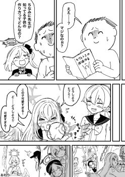 &gt;_&lt; +++ 1boy 6+girls absurdres ahoge angel_wings azusa_(blue_archive) baby baseball_cap behind_tree beret bindonkan blue_archive blush book bow bowtie closed_eyes covering_own_mouth crescent_halo crying cup doodle_sensei_(blue_archive) feathered_wings flapping greyscale halo hanako_(blue_archive) hand_over_own_mouth happy happy_tears hat head_wings hifumi_(blue_archive) highres holding holding_book holding_cup holding_saucer koharu_(blue_archive) looking_at_another monochrome multiple_girls nagisa_(blue_archive) outdoors sailor_collar saori_(blue_archive) saucer sensei_(blue_archive) side_ponytail smile speech_bubble sweat table teacup tears translation_request tree wings yuri