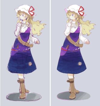 Rule 34 | 1girl, absurdres, belt, blonde hair, boots, brown belt, brown boots, chest belt, commentary request, cosplay, crescent, crescent pin, dress, finger to mouth, full body, gradient clothes, gradient dress, grey background, hair over one eye, hand fan, hat, hat ribbon, highres, jewelry, long hair, maribel hearn, mob cap, moon, mountain, multicolored dress, multiple views, necklace, pocket, purple dress, purple eyes, red ribbon, ribbed sweater, ribbon, ribbon-trimmed dress, ribbon-trimmed hat, ribbon trim, simple background, sketch, standing, sweater, taasuukeeteeeee, touhou, turtleneck, turtleneck sweater, watatsuki no toyohime, watatsuki no toyohime (cosplay), white background, white hat, white sweater