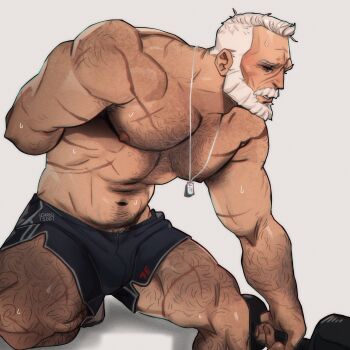 1boy 2022 arm_hair bara beard black_shorts body_hair broad_shoulders chest_hair chris_sdd connected_beard facial_hair highres leg_hair male_focus muscular muscular_male mustache navel old old_man on_one_knee overwatch overwatch_2 scar scar_on_arm scar_on_chest scar_on_face scar_on_leg scars_all_over short_hair shorts simple_background soldier:_76_(overwatch) sweat too_many weights white_facial_hair white_hair