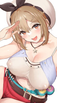 1girl atelier_(series) atelier_ryza atelier_ryza_1 bare_shoulders beret black_ribbon blush breasts brown_eyes brown_hair camisole cleavage collarbone covered_erect_nipples flask hat highres jewelry large_breasts leather_belt looking_at_viewer necklace open_mouth red_shorts reisalin_stout ribbon round-bottom_flask shino_(comic_penguin_club) short_hair shorts simple_background smile solo star_(symbol) star_necklace white_background white_camisole white_hat