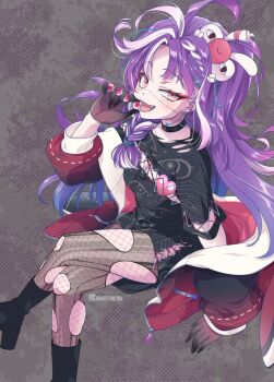 1girl ahoge artist_name beads black_boots black_choker black_gloves black_shirt boots braid braided_bangs choker creature_on_head crossed_legs earrings eye_print eyeshadow fangs fishnet_pantyhose fishnets gloves hair_beads hair_ornament half_gloves heart highres holding_eyeball jacket jacket_partially_removed jared_(michi_mochievee) jewelry long_hair looking_at_viewer makeup michi_mochievee michi_mochievee_(1st_costume) multicolored_hair one_side_up open_mouth pantyhose print_shirt purple_hair red_eyeshadow saraemi shirt solo stitched_face stitches streaked_hair tongue torn_clothes torn_pantyhose torn_shirt virtual_youtuber vshojo white_hair