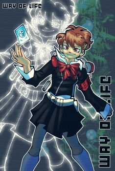 1girl armband black_jacket black_skirt bow braid brown_hair capsule_(capsulecomputrz) card clenched_hand closed_mouth collared_shirt commentary digital_media_player english_commentary english_text floating_card gekkoukan_high_school_uniform hair_ornament hairclip headphones headphones_around_neck highres holster jacket kneehighs looking_at_viewer persona persona_3 persona_3_portable ponytail projected_inset red_armband red_bow red_eyes school_uniform shiomi_kotone shirt short_hair short_ponytail skirt smile socks solo song_name tarot tarot_card tartarus white_shirt white_socks