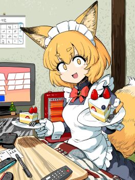1girl animal_ears apron black_dress bow bowtie cake calendar_(object) commentary_request controller dress fang food fork fox_ears fox_girl fox_tail fruit game_controller gloves gosu_mei_(sakifox) highres holding holding_plate indoors joy-con kotatsu looking_at_viewer maid maid_headdress open_mouth orange_eyes orange_hair original plate red_bow red_bowtie remote_control short_hair sitting solo strawberry table tail television white_gloves yama_batake