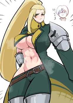 1boy 1girl abs blonde_hair breasts chibi cleavage covered_erect_nipples fire_emblem fire_emblem_engage frown hair_slicked_back high_ponytail huge_breasts jade_(fire_emblem) long_hair looking_at_viewer male_alear_(fire_emblem) mochiri_8888 navel nintendo no_bra no_panties ponytail smile solo_focus steaming_body underboob very_long_hair yellow_eyes