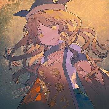 1girl artist_name backlighting black_hat blonde_hair breasts closed_mouth constellation_print dated detached_sleeves gradient_background green_skirt grey_background hashtag-only_commentary hat highres long_hair long_sleeves looking_down matara_okina medium_breasts nov4void orange_background orange_sleeves orange_tabard parted_bangs shirt skirt smile solo tabard touhou two-tone_background upper_body wavy_hair white_shirt wide_sleeves yellow_eyes