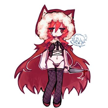 1girl animal_ears black_corset black_ribbon black_souls blood bloody_weapon cape colored_skin corset fishnets funamusea hijoushiki_roc holding holding_knife hood hooded_cape jitome knife lobco_(funamusea) lobster_girl mob_face navel oounabara_to_wadanohara open_mouth red_cape red_eyes red_hair red_hood red_hood_(black_souls) red_shoes ribbon sam_(sillylinariafan) shoes small_sweatdrop speech_bubble spoken_character weapon white_background white_skin