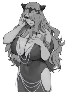1girl alternate_costume blush breasts camilla_(fire_emblem) cleavage dress fire_emblem fire_emblem_fates hair_over_one_eye hand_on_another's_face hand_on_own_chest large_breasts long_hair looking_at_viewer monochrome monoi_daru navel nintendo one_eye_covered side_slit simple_background solo tiara unfinished wavy_hair