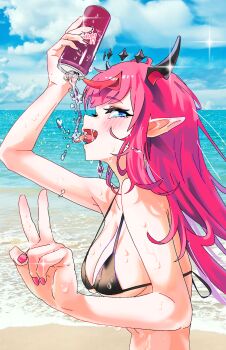 1girl absurdres bare_shoulders beach bikini black_bikini blue_eyes blue_sky blush breasts can cleavage cloud collarbone commentary day drink english_commentary gurumie halo heterochromia highres hololive hololive_english horizon horns irys_(hololive) long_hair looking_at_viewer medium_breasts multicolored_hair ocean open_mouth outdoors pointy_ears pouring purple_hair red_hair sand shore sky soda solo star_halo stomach streaked_hair swimsuit very_long_hair virtual_youtuber water