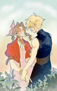 1boy 1girl aerith_gainsborough bangle bare_shoulders belt blonde_hair blue_pants blue_shirt blush bracelet braid braided_ponytail breasts brown_belt brown_hair cleavage clily027 closed_eyes cloud_strife couple cropped_jacket dress earrings final_fantasy final_fantasy_vii final_fantasy_vii_remake hair_ribbon half-closed_eyes hetero holding_hands jacket jewelry long_hair medium_breasts pants parted_bangs parted_lips pink_dress pink_ribbon puffy_short_sleeves puffy_sleeves red_jacket ribbon shirt short_hair short_sleeves sidelocks single_braid single_earring sleeveless sleeveless_shirt smile spiked_hair teeth