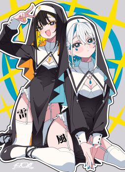 2girls black_hair cleavage_cutout clothing_cutout colored_inner_hair earrings fuuten_(ichijo_rei) garter_straps highres ichijo_rei jewelry kneeling mole mole_under_eye multicolored_hair multiple_girls nun raiden_(ichijo_rei) sitting smile v wariza white_hair
