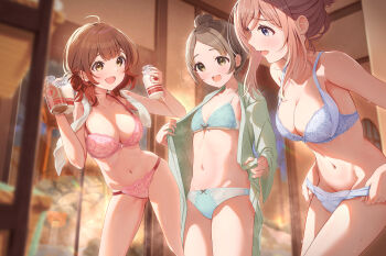 3girls absurdres after_bathing ahoge bath_yukata blue_bra blue_panties blurry blurry_background blush bottle bra breasts brown_hair changing_room cleavage clothes_pull commentary_request crotch_seam dressing embroidered_bra embroidered_panties fujinomiya_rio gakuen_idolmaster green_bra green_panties groin hair_bun hanami_ume highres himesaki_rinami holding holding_bottle idolmaster indoors japanese_clothes kimono kuramoto_china large_breasts lingerie looking_down milk_bottle multiple_girls navel onsen orange_hair panties panty_pull pink_bra pink_panties ribbon-trimmed_panties ribbon_trim single_hair_bun small_breasts smile steam stomach teeth thighs towel towel_around_neck underwear upper_teeth_only yukata