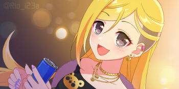 Rule 34 | black shirt, blonde hair, can, collarbone, commentary request, drink can, ear piercing, earrings, eyelashes, fingernails, fujimoto rina, fur trim, hair between eyes, holding, holding can, idolmaster, idolmaster cinderella girls, jewelry, long hair, multicolored nails, nail polish, open mouth, piercing, purple eyes, rio (usagiya), shirt, smile, twitter username, undercut
