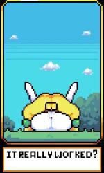 1boy 1girl animated anus ass baldur_89 blue_sky colored_skin dialogue_box english_text gardevoir gen_1_pokemon gen_3_pokemon green_hair green_skin hetero hypno mating_press multicolored_skin musi_cassie nintendo no_feet outdoors pixel_art pokemon pokemon_(creature) public_indecency pussy sex sky sound tagme testicles two-tone_skin vaginal video white_skin yellow_fur