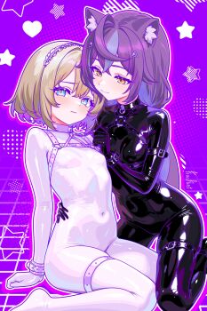2girls absurdres ahoge animal_ears black_bodysuit blue_eyes blush bodysuit breasts brown_eyes brown_hair cat_ears cat_girl character_request closed_mouth copyright_request covered_navel finn_flint highres long_hair looking_at_another looking_at_viewer multicolored_hair multiple_girls purple_hair shiny_clothes short_hair sitting small_breasts white_bodysuit