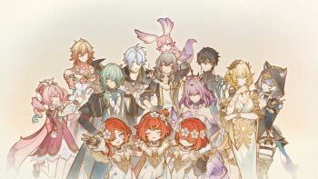 4boys 6+girls aglaea_(honkai:_star_rail) anaxa_(honkai:_star_rail) animal animal_ears antenna_hair arm_around_shoulder arm_behind_head arm_tattoo arm_under_breasts arm_up armlet bare_shoulders black_coat black_leotard blonde_hair blue_eyes blue_hair bracelet breast_tattoo breasts castorice_(honkai:_star_rail) cat_ears cat_girl cat_tail chest_tattoo chrysos_heirs_(honkai:_star_rail) cipher_(honkai:_star_rail) cleavage closed_eyes coat commentary cross-shaped_pupils dan_heng_(honkai:_star_rail) dan_heng_(hunt)_(honkai:_star_rail) dress drill_hair ears_through_hood english_commentary eyepatch facing_viewer gold_armlet gold_bracelet gradient_hair green_eyes green_hair grey_hair grin hair_between_eyes hair_over_shoulder hat highres holding holding_animal honkai:_star_rail honkai_(series) hooded_leotard hyacine_(honkai:_star_rail) jewelry large_breasts leotard little_ica_(honkai:_star_rail) long_hair looking_at_viewer medium_hair mem_(honkai:_star_rail) multicolored_hair multiple_boys multiple_girls mydei_(honkai:_star_rail) one_eye_closed phainon_(honkai:_star_rail) pink_hair pointy_ears ponytail purple_eyes purple_hair red_dress red_hair red_hat red_tattoo short_hair siblings simple_background sisters smile stelle_(honkai:_star_rail) sumirou-kun symbol-shaped_pupils tail tattoo trailblazer_(honkai:_star_rail) trianne_(honkai:_star_rail) tribbie_(honkai:_star_rail) trinnon_(honkai:_star_rail) triplets twin_drills v white_dress white_hair yellow_eyes