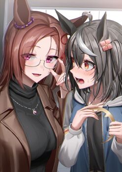 2girls absurdres ahoge animal_ears black_hair black_shirt black_sweater blue_hoodie blush breasts brown_hair brown_jacket collarbone ear_ornament female_focus flower-shaped_pupils flower_in_eye glasses hair_ornament hairclip highres hood hooded_jacket hoodie horse_ears horse_girl jacket jewelry kitasan_black_(umamusume) large_breasts long_hair looking_at_viewer lower_teeth_only medium_hair multicolored_hair multiple_girls necklace ooeyama open_mouth pink_eyes red_eyes sakura_bakushin_o_(umamusume) shirt streaked_hair sweat sweatdrop sweater symbol-shaped_pupils symbol_in_eye teeth tongue turtleneck turtleneck_sweater two-tone_hair umamusume white_streaks