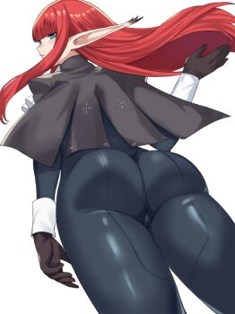 1girl ascot ass ass_focus black_capelet black_gloves blue_eyes blunt_bangs capelet closed_mouth commentary english_commentary from_below gloves hulkenberg_(metaphor:_refantazio) jamjamstyle long_hair long_pointy_ears looking_back metaphor:_refantazio pointy_ears red_eyes red_hair revision simple_background solo white_ascot