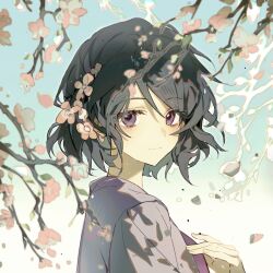 Rule 34 | 1girl, black hair, cherry blossoms, chinese commentary, closed mouth, commentary request, flower, grey jacket, hand on own chest, highres, jacket, light particles, looking at viewer, open clothes, open jacket, pink flower, purple eyes, purple shirt, saibou shinkyoku, shirt, short hair, smile, solo, xiaohuaitongxue, yanagi nina
