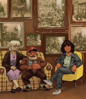 Rule 34 | 1980s, 1girl, 2boys, absurdres, age progression, aged up, angusburgers, black hair, couple, earrings, facial hair, highres, holding, jewelry, mario, mario (series), mario bros., miyamoto shigeru, multiple boys, mustache, nintendo, picture frame, princess peach, short hair, smile, sphere earrings