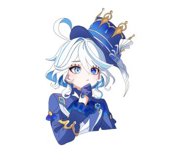 1girl ahoge blue_eyes blue_gloves blue_hat blue_jacket cropped_torso dieshannn furina_(genshin_impact) genshin_impact gloves hair_between_eyes hand_up hat highres jacket long_sleeves short_hair simple_background solo top_hat upper_body white_background white_hair