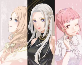 3girls ;) alternate_costume asao_(vc) black_dress blue_eyes blunt_bangs bow braid brown_eyes closed_mouth dress dress_shirt earrings edelgard_von_hresvelg fire_emblem fire_emblem:_three_houses floating_hair french_braid hair_bow highres hilda_valentine_goneril holding jewelry light_brown_hair long_hair looking_at_viewer looking_up makeup mascara mercedes_von_martritz multiple_girls nintendo one_eye_closed pink_hair purple_eyes red_lips shirt short_sleeves silver_hair sleeveless sleeveless_dress smile split_screen upper_body very_long_hair watch white_bow white_shirt wristwatch