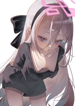 1girl absurdres arms_behind_back black_hairband blue_archive blurry blush bow breasts cleavage collarbone cowboy_shot depth_of_field double-parted_bangs film_grain from_above hair_between_eyes hair_bow hairband half_updo halo highres kei_(blue_archive) kei_(student)_(blue_archive) leaning_forward long_hair long_hair_between_eyes miku_rasha nightgown no_bra open_mouth pink_eyes pink_halo rectangular_halo ringed_eyes small_breasts solo very_long_hair white_background white_hair