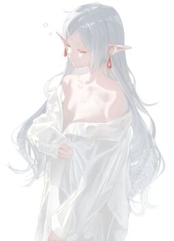 Rule 34 | 1girl, alternate hairstyle, bare shoulders, bubble, closed eyes, commentary request, cowboy shot, dress, earrings, elf, frieren, gown, highres, jewelry, long hair, loose clothes, nightgown, off shoulder, open clothes, parted bangs, pointy ears, ronuma, shirt, sidelocks, simple background, sleepy, sleeves past wrists, solo, sousou no frieren, standing, teardrop earrings, thick eyebrows, white background, white hair, white nightgown, white shirt