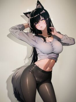 1girl :o absurdres ai-assisted alternate_costume animal_ear_fluff animal_ear_piercing animal_ears arched_back arknights arm_behind_head arm_up artist_name black_eyeliner black_hair black_pantyhose blush breasts bright_pupils cameltoe cleavage commentary commentary_request contrapposto cowboy_shot cursive double-parted_bangs drop_shadow english_commentary expressionless eyelashes eyeliner facing_viewer film_grain from_side gradient_eyes grey_background grey_shirt grey_tail groin_tendon hair_between_eyes hair_flowing_over hand_in_own_hair hand_up hatching_(texture) highres lattekoi5252 linear_hatching lips lipstick long_hair long_sleeves looking_afar looking_to_the_side makeup medium_breasts midriff multicolored_eyes navel open_hand palms pantyhose parted_lips pink_lips puffy_long_sleeves puffy_sleeves purple_eyes shade shadow shiny_clothes shiny_legwear shiny_skin shirt shirt_rolled_up sideways_glance signature single_sidelock sleeve_cuffs solo sparkle spotlight stable_diffusion standing stomach straight_hair tail teeth texas_(arknights) thighs toned toned_female two-tone_eyes very_long_hair wall wallpaper_(object) white_pupils wolf_ears wolf_girl wolf_tail yellow_eyes