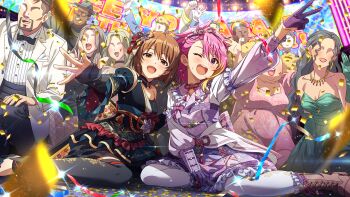 Rule 34 | 2girls, arm up, black dress, blonde streaks, boots, brown eyes, brown hair, commentary request, confetti, dress, faceless, faceless female, faceless male, game cg, hagiwara yukiho, hair ornament, idolmaster, idolmaster (classic), idolmaster million live!, idolmaster million live! theater days, lace-up boots, maihama ayumu, multicolored hair, multiple girls, official alternate costume, official art, one eye closed, open mouth, pink hair, short hair, sitting, smile, streaked hair, third-party source