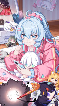 Rule 34 | 1girl, absurdres, ahoge, blue eyes, blue hair, bow, braid, cecilia schariac, cellphone, character doll, closed mouth, doll, headphones, headphones around neck, high ponytail, highres, holding, holding phone, honkai (series), honkai impact 3rd, indoors, long hair, long sleeves, looking at viewer, lying, misteln schariac, official art, on stomach, phone, photo (object), pink bow, pink pupils, ponytail, prometheus (honkai impact), seele vollerei, seele vollerei (stygian nymph), shigure kira, shigure kira (fuzzy pink love), smartphone, solo, susannah manatt, susannah manatt (bear squad go!), susannah manatt (valkyrie quicksand), vita (honkai impact), vita (lone planetfarer) (honkai impact), wooden floor