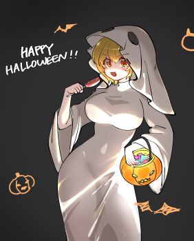 1girl :3 absurdres blonde_hair candy don_quixote_(project_moon) food ghost_costume hand_up highres holding holding_pumpkin jack-o&#039;-lantern limbus_company limgumon lollipop looking_at_viewer open_mouth project_moon pumpkin short_hair smile solo yellow_eyes