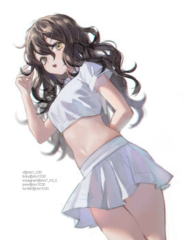 Rule 34 | 1girl, arm behind back, black hair, bluesky username, commentary, cowboy shot, cropped shirt, double-parted bangs, english commentary, hair between eyes, hand up, instagram username, long bangs, long hair, looking at viewer, miniskirt, navel, open mouth, original, oto1 030, pixiv username, shirt, short sleeves, simple background, skirt, solo, standing, stomach, tumblr username, twitter username, wavy hair, white background, white shirt, white skirt, yellow eyes