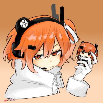 1girl a.i._voice absurdres adachi_rei character_doll closed_mouth commentary doll english_commentary gloves hand_up headlamp headset highres holding holding_doll jacket long_sleeves looking_at_viewer natsuzusakii orange_eyes orange_hair solo utau white_gloves white_jacket