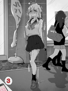 3girls arms_behind_back bag closed_mouth commentary_request controller greyscale highres holding holding_bag implied_vibrator kakuremino7928 large_variant_set long_hair miniskirt monochrome multiple_girls original outdoors paid_reward_available pleated_skirt pussy_juice remote_control remote_control_vibrator sailor_collar sailor_shirt school_uniform serafuku sex_toy shirt shoes skirt socks solo_focus standing tearing_up trembling variant_set vibrator wireless_sex_toy_controller