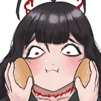 :t ahoge black_hair blood blood_halo blue_archive blush bread collarbone commentary_request food halo idiot_sandwich_(meme) korean_commentary liquid_halo long_hair meme pov red_eyes red_halo school_uniform tsurugi_(blue_archive) yumyeongsaje