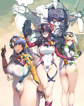 3girls ass assault_visor black_hair blonde_hair blue_hair bodysuit breasts clenched_hand color-coded colored_tips commentary_request covered_navel curvy diaclone foot_out_of_frame gloved_sleeves gradient_hair groin gun helmet highleg highleg_leotard highres holding holding_gun holding_weapon huge_breasts impossible_bodysuit impossible_clothes impossible_leotard index_finger_raised kneepits large_breasts leotard long_hair long_legs looking_at_viewer mecha mecha_pilot_suit multicolored_hair multiple_girls narrow_waist natural_wedgie nishii_(damnedrive) original pilot_helmet red_eyes robot see-through_clothes see-through_leotard skin_tight sleeved_leotard smile streaked_hair super_highleg thick_thighs thigh_strap thighs thong_leotard v-shaped_eyebrows weapon wedgie wide_hips