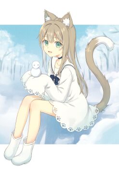 104_(luins104) 1girl animal_ears bow brown_hair cat_ears cat_girl cat_tail choker commentary_request dress fangs green_eyes highres holding_snowman looking_at_viewer mini_snowman open_mouth original outdoors sailor_collar sailor_dress shoes sitting smile snow solo tail tree white_dress white_shoes