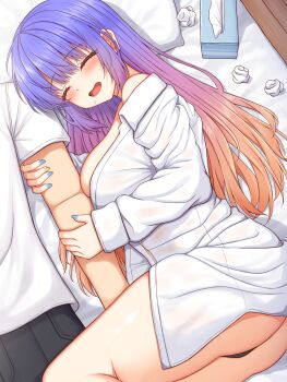 1boy 1girl :d ass bed_sheet black_pants borrowed_clothes breasts collared_shirt commentary_request dress_shirt drooling grabbing_another's_arm gradient_hair highres indoors kohibari_kurumi lying medium_breasts multicolored_hair open_mouth pants pillow pink_hair purple_hair ryakusun saliva shirt sidelocks smile t-shirt tenshi_souzou_re-boot! thighs tissue_box used_tissue white_shirt wooden_floor