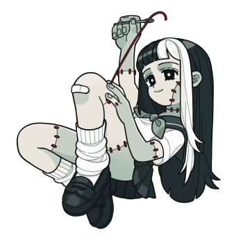 bandaid bandaid_on_knee bandaid_on_leg black_eyes black_hair black_shoes blunt_bangs highres long_hair loose_socks original patchwork_skin school_uniform serafuku shoes smile socks soniastegemann stitched_arm stitched_face stitched_leg stitched_neck stitches white_hair