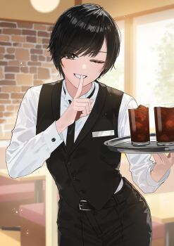 1girl belt black_hair black_necktie black_pants black_vest collared_shirt copyright_request diner finger_to_mouth hara_kenshi highres holding holding_tray necktie one_eye_closed open_mouth pants shirt short_hair shushing solo tray vest waitress white_shirt