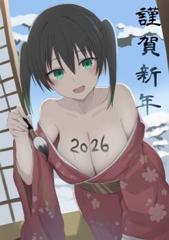 1girl 2026 absurdres alternate_breast_size_(larger) bare_shoulders black_hair blush breasts calligraphy_brush collarbone commentary_request floral_print floral_print_kimono gradient_hair green_eyes green_hair green_sash highres holding holding_calligraphy_brush holding_paintbrush japanese_clothes kimono large_breasts looking_at_viewer love_live! love_live!_nijigasaki_high_school_idol_club midocchi multicolored_hair obi off_shoulder open_mouth paintbrush print_kimono red_kimono sash shouji sliding_doors smile solo takasaki_yu translation_request twintails wide_sleeves