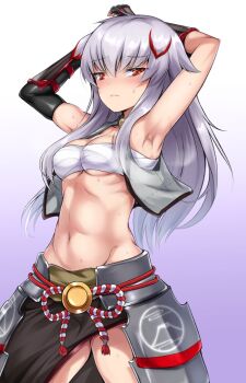 Rule 34 | 1girl, animal ears, arm up, armor, armpits, arms up, azur lane, black gloves, black skirt, blush, breasts, cleavage, closed mouth, commentary request, cowboy shot, crop top, elbow gloves, fingerless gloves, floppy ears, gloves, grey hair, grey shirt, highres, hyuuga (azur lane), hyuuga (retrofit) (azur lane), japanese armor, kusazuri, long hair, looking at viewer, medium breasts, navel, red eyes, rope, sarashi, shimo (depthbomb), shirt, skirt, sleeveless, sleeveless shirt, solo, sweat, vambraces