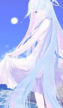 Rule 34 | 1girl, :d, absurdly long hair, blue archive, blue eyes, blue hair, blue halo, blue sky, blunt bangs, braid, colored inner hair, commentary request, day, feet out of frame, from behind, general student council president (blue archive), grin, hair over one eye, hair over shoulder, halo, highres, jacket, kisaka, long hair, long skirt, long sleeves, looking at viewer, looking back, multicolored hair, one eye covered, open mouth, outdoors, pink hair, single braid, skirt, skirt hold, sky, smile, solo, standing, straight hair, two-tone hair, very long hair, water, white jacket, white skirt