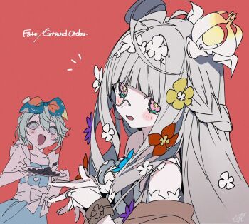 Rule 34 | 2girls, bare shoulders, blue dress, blue ribbon, blush, bow, breasts, bukurote, commentary request, cone hair bun, dress, fate/grand order, fate (series), flora (fate), flower, flower-shaped pupils, green eyes, green hair, grey hair, hair between eyes, hair bun, hair flower, hair ornament, hair ribbon, horns, long hair, looking at viewer, louhi (fate), louhi (first ascension) (fate), medium breasts, monocle, multiple girls, official artist extra, open mouth, ribbon, sharp teeth, shawl, short hair, sidelocks, small breasts, smile, symbol-shaped pupils, teeth, white dress