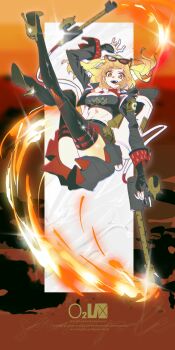 Rule 34 | 1girl, black jacket, black skirt, black thighhighs, blonde hair, burnice white, chromatic aberration, crop top, eyewear on head, flamethrower, floating hair, full body, hair between eyes, high heels, highres, holding flamethrower, holding weapon, jacket, long hair, open clothes, open jacket, open mouth, outdoors, red-tinted eyewear, red eyes, sidelocks, skirt, smile, solo, sunglasses, thighhighs, tinted eyewear, yanghua gaizi, zenless zone zero