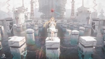 Rule 34 | 1girl, 3d, absurdres, arm at side, artist name, bandeau, blonde hair, breasts, building, commentary, crown, day, english commentary, flood, frilled skirt, frills, full body, gauntlets, gloves, hand up, high heels, highres, long hair, looking back, looking to the side, navel, official art, original, outdoors, reisen13, scenery, shoes, single gauntlet, single glove, skirt, solo, standing, stomach, sword, tower, water, weapon, white bandeau, white shoes, white skirt